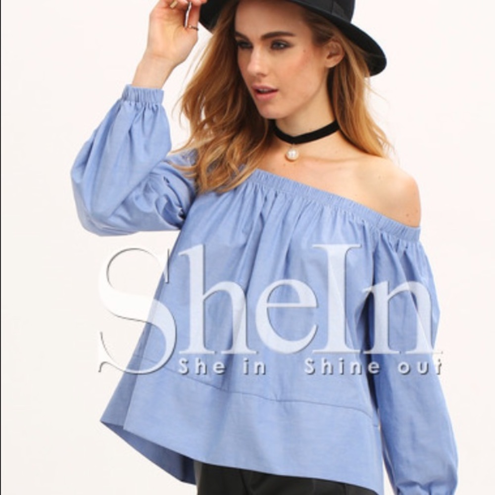 SheIn Blue Off The Shoulder Long Sleeve Blouse